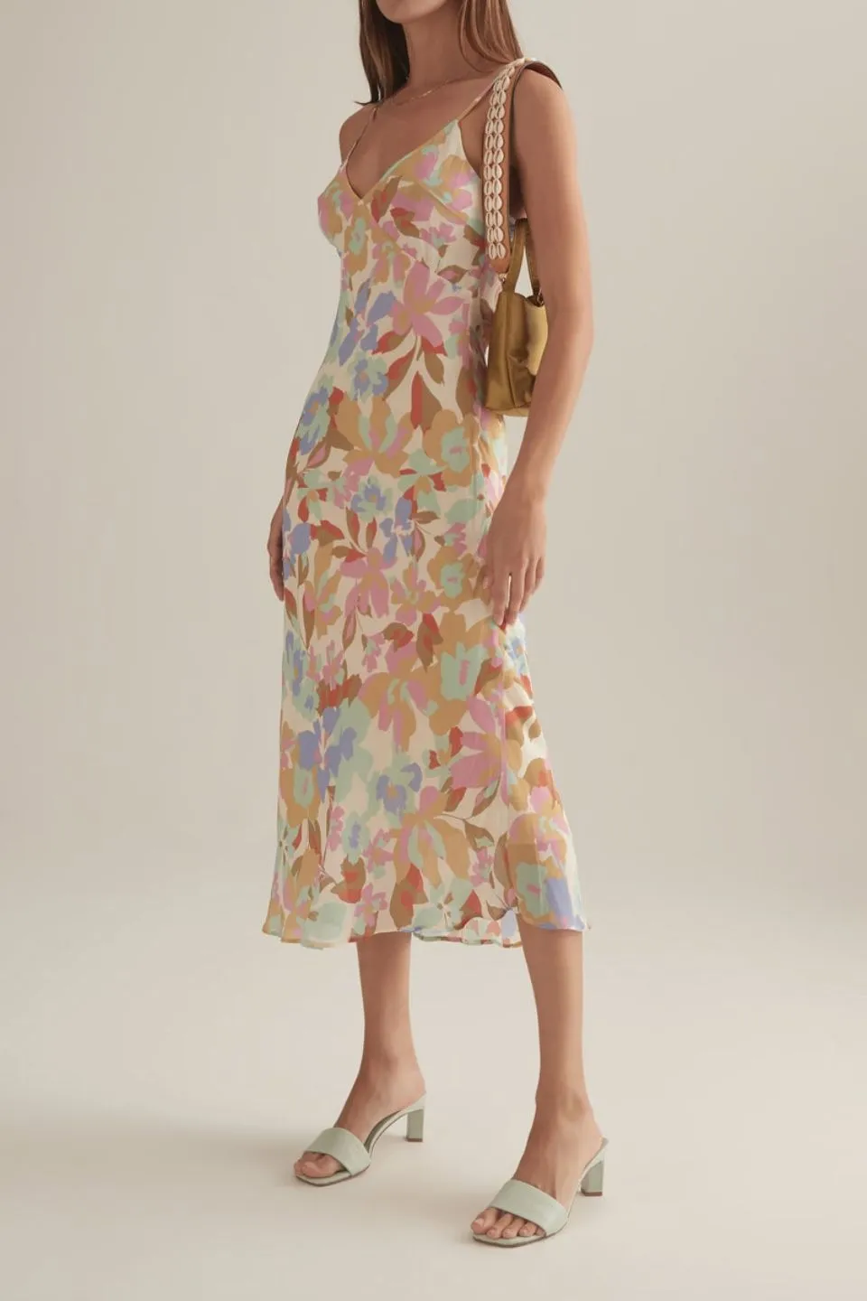 Dina Pale Yellow Rumba Floral Strappy Midi Dress