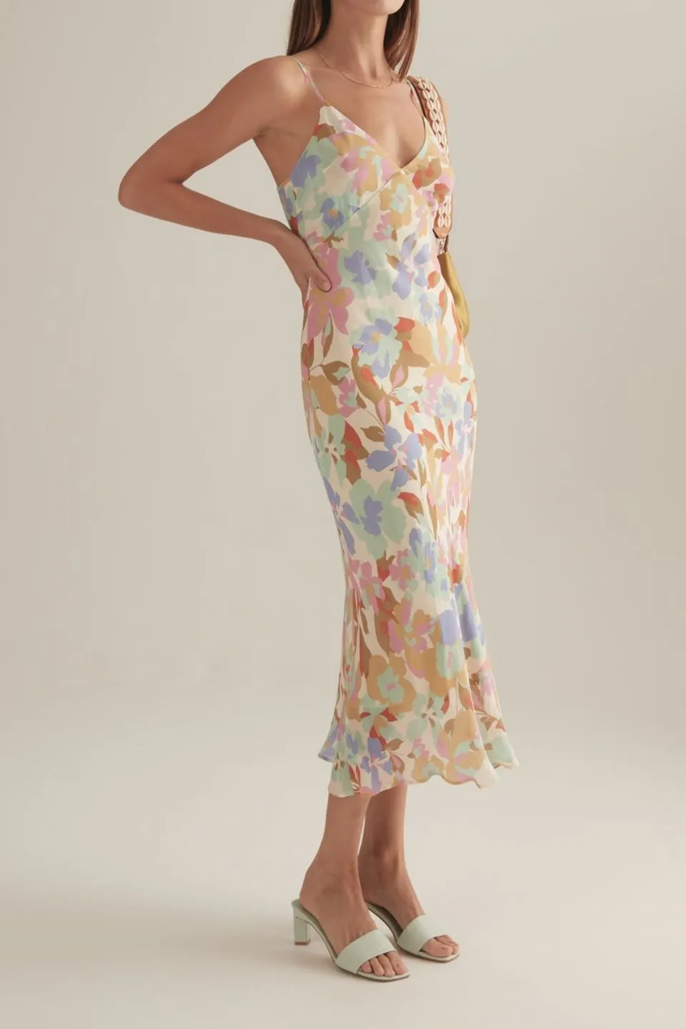 Dina Pale Yellow Rumba Floral Strappy Midi Dress