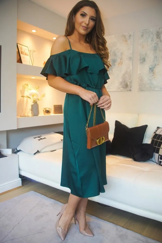 Double Second Green Off Shoulder Satin Midi Dress