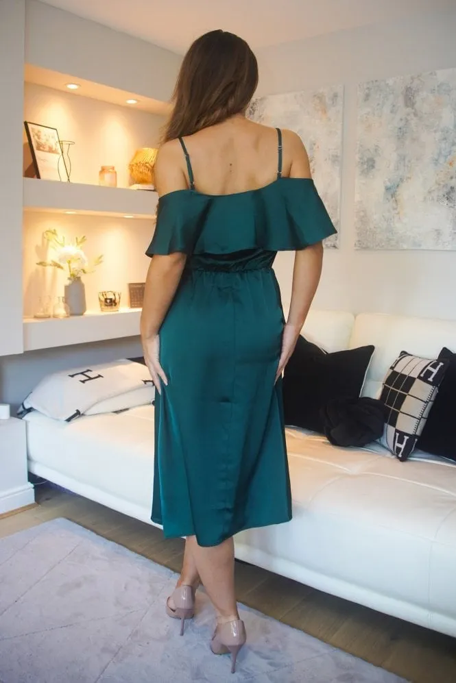 Double Second Green Off Shoulder Satin Midi Dress