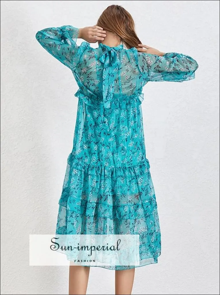 Dove Dress -blue Floral Print Midi Dress Stand Collar Flare Long Sleeve Ruffles Casual Dress