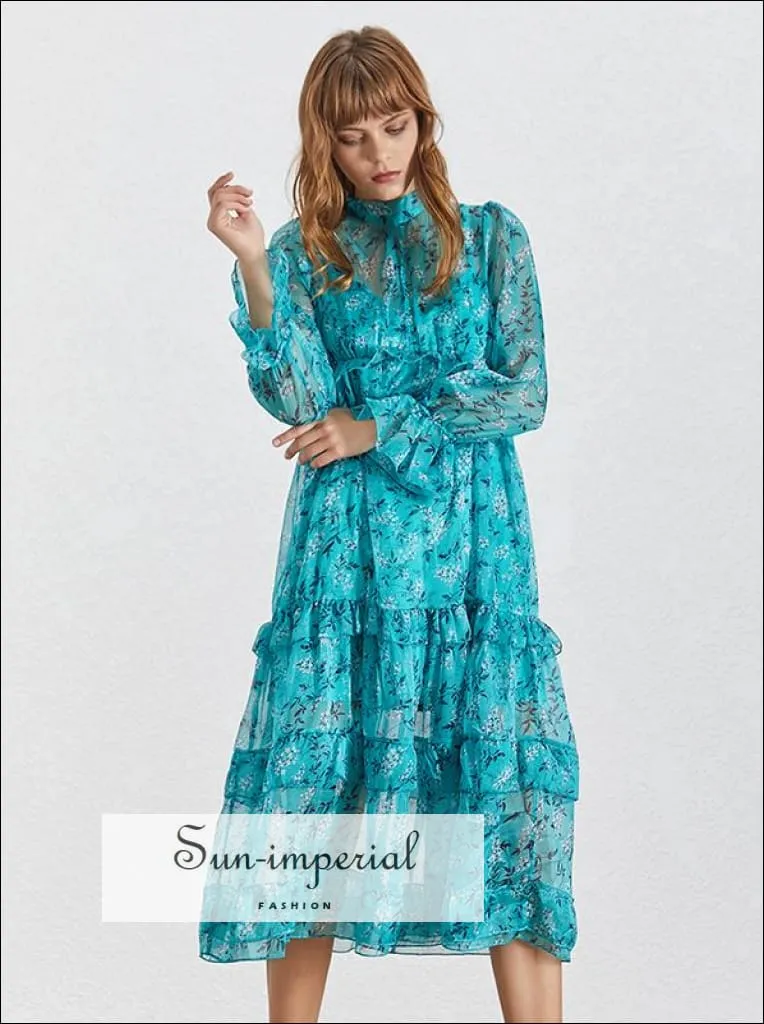 Dove Dress -blue Floral Print Midi Dress Stand Collar Flare Long Sleeve Ruffles Casual Dress