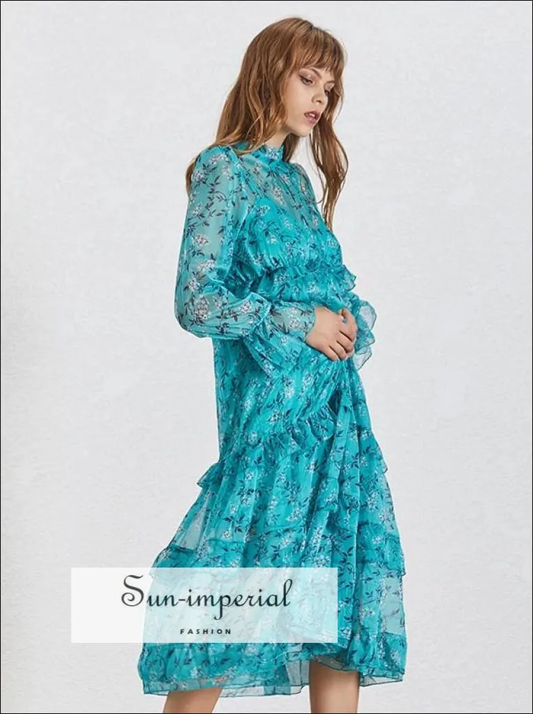 Dove Dress -blue Floral Print Midi Dress Stand Collar Flare Long Sleeve Ruffles Casual Dress