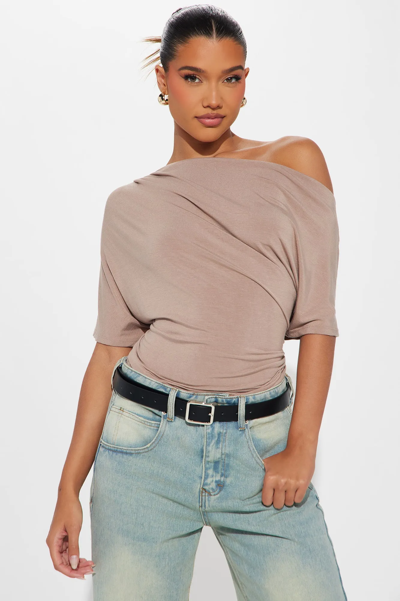 Flatter Me Off Shoulder Bodysuit - Taupe