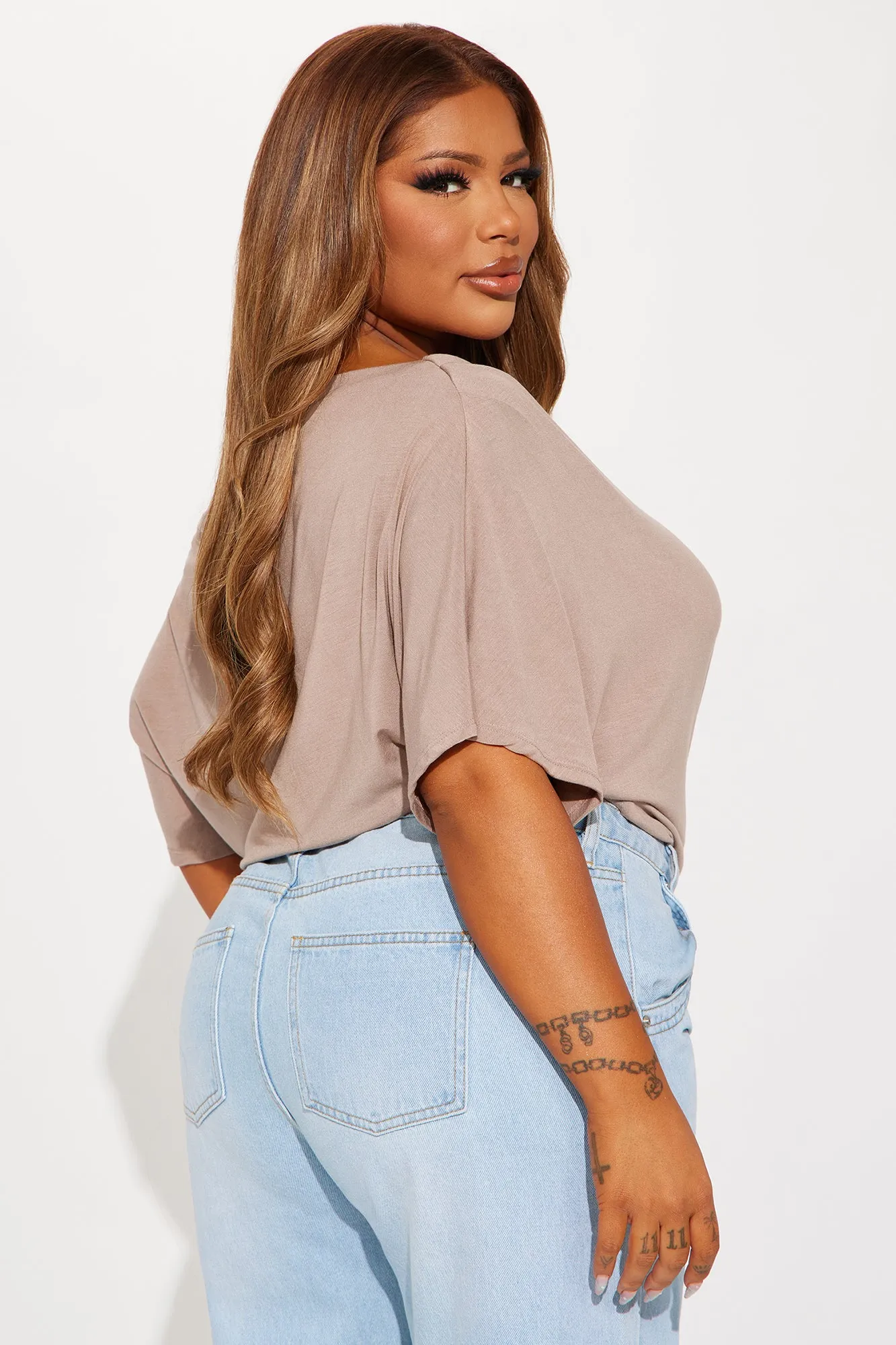 Flatter Me Off Shoulder Bodysuit - Taupe