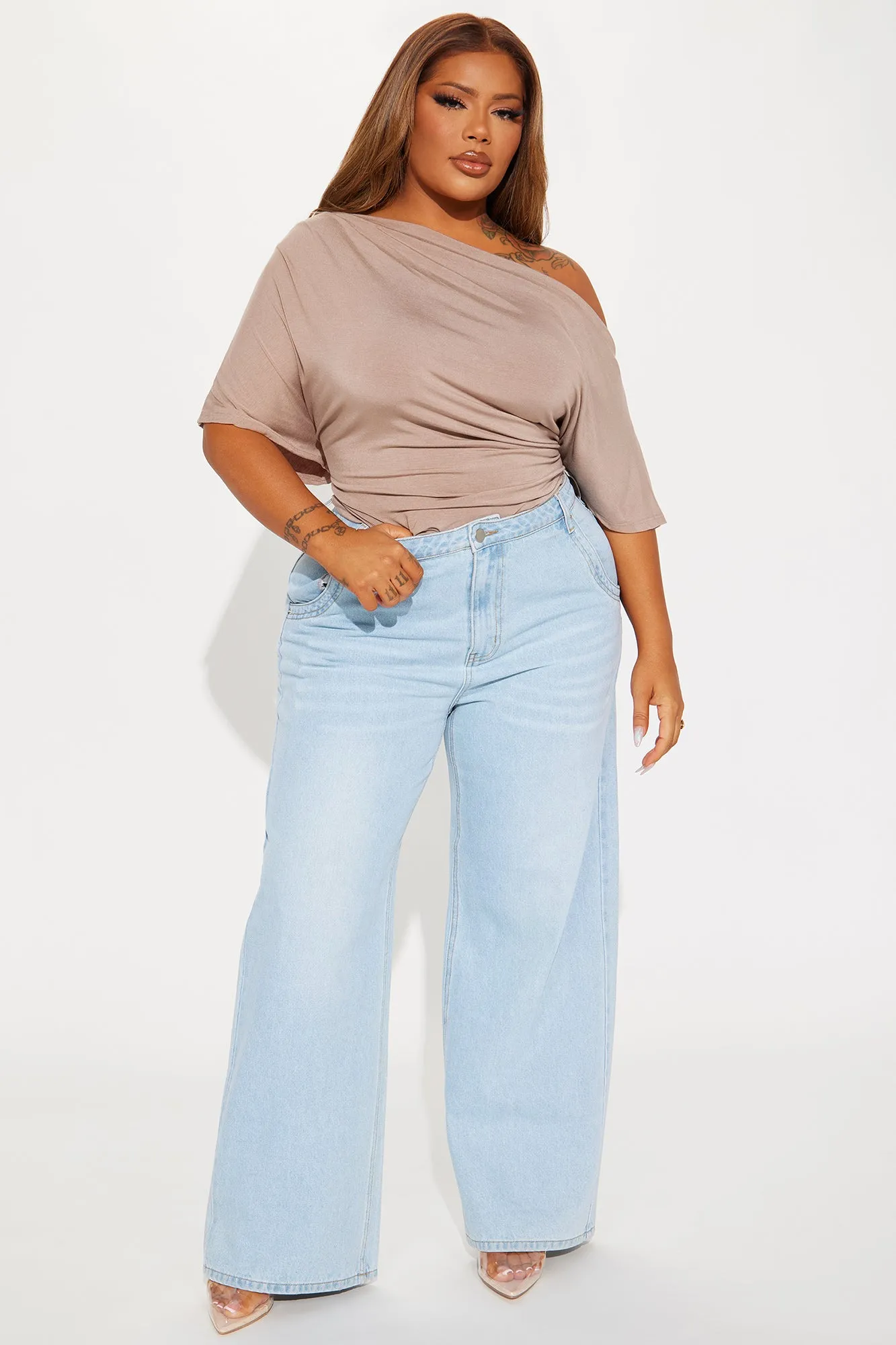 Flatter Me Off Shoulder Bodysuit - Taupe