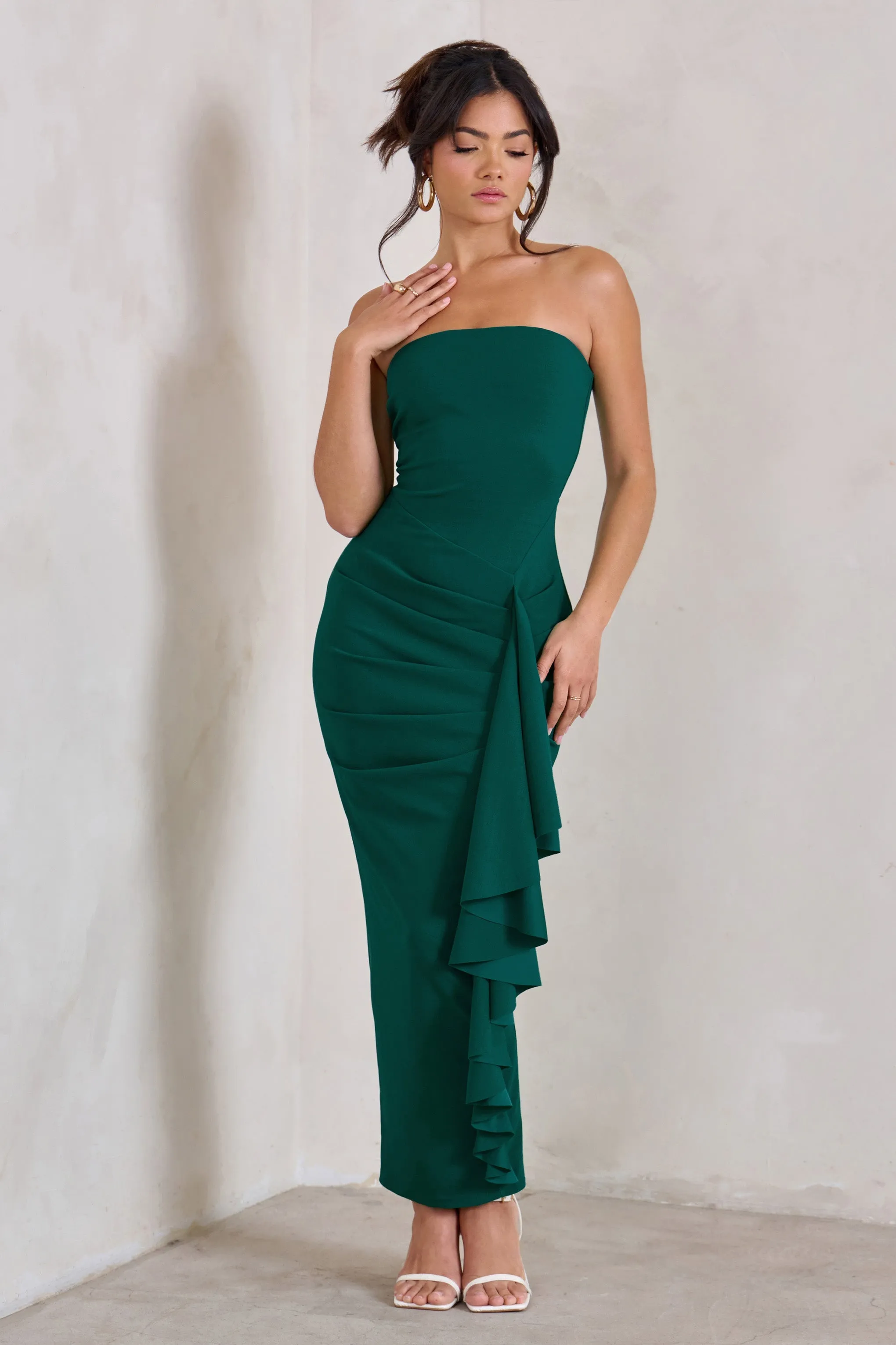 Fleur | Bottle Green Bandeau Ruffle Maxi Dress