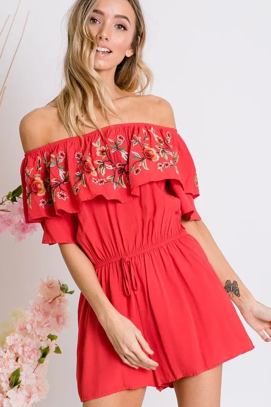 FLORAL EMBROIDERED OFF SHOULDER ROMPER