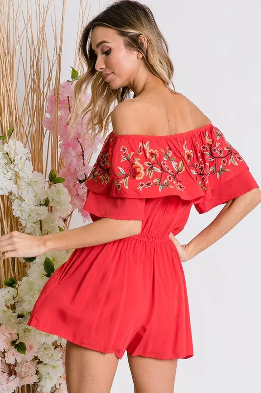 FLORAL EMBROIDERED OFF SHOULDER ROMPER