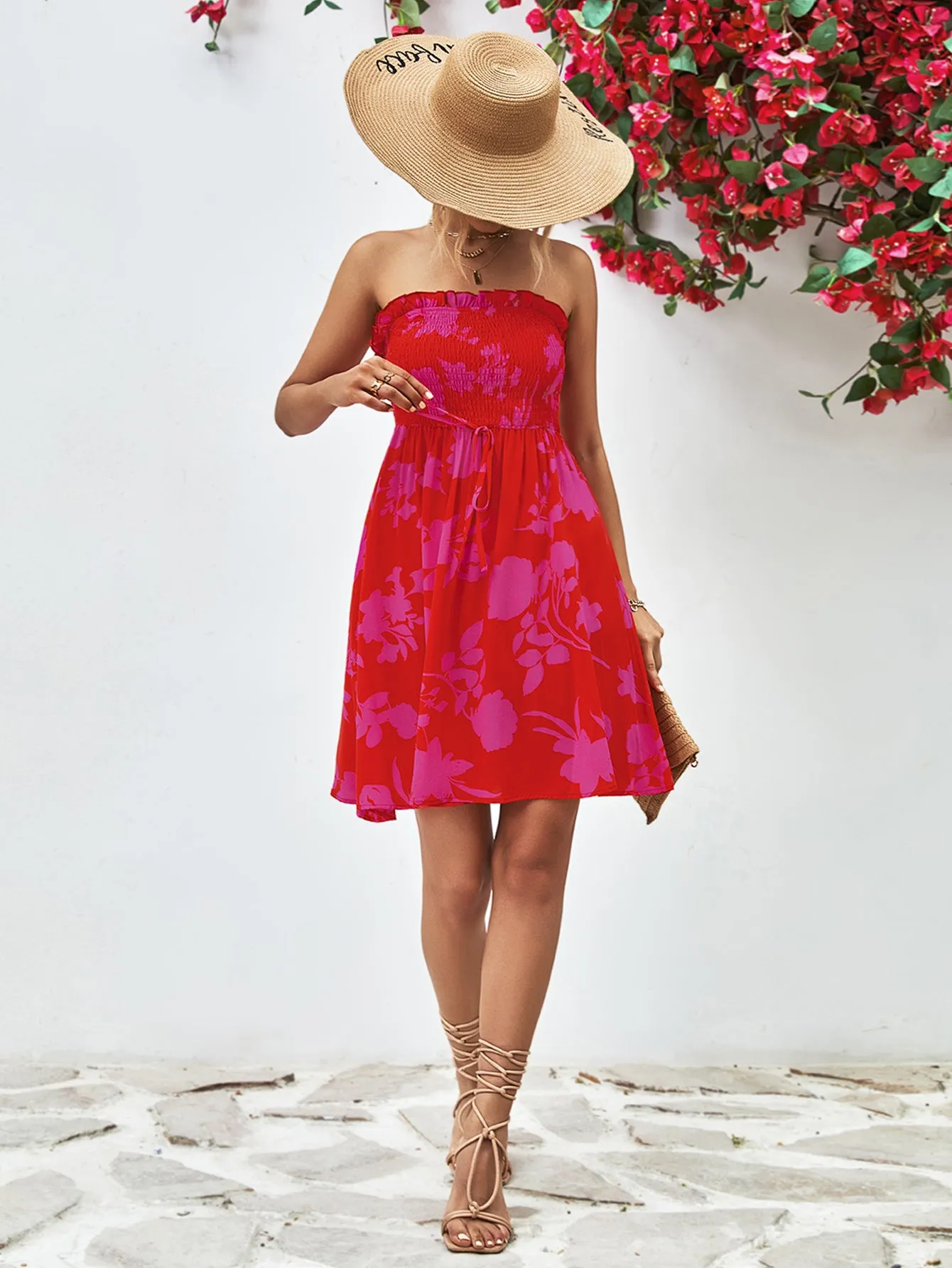 Floral Frill Trim Strapless Smocked Dress