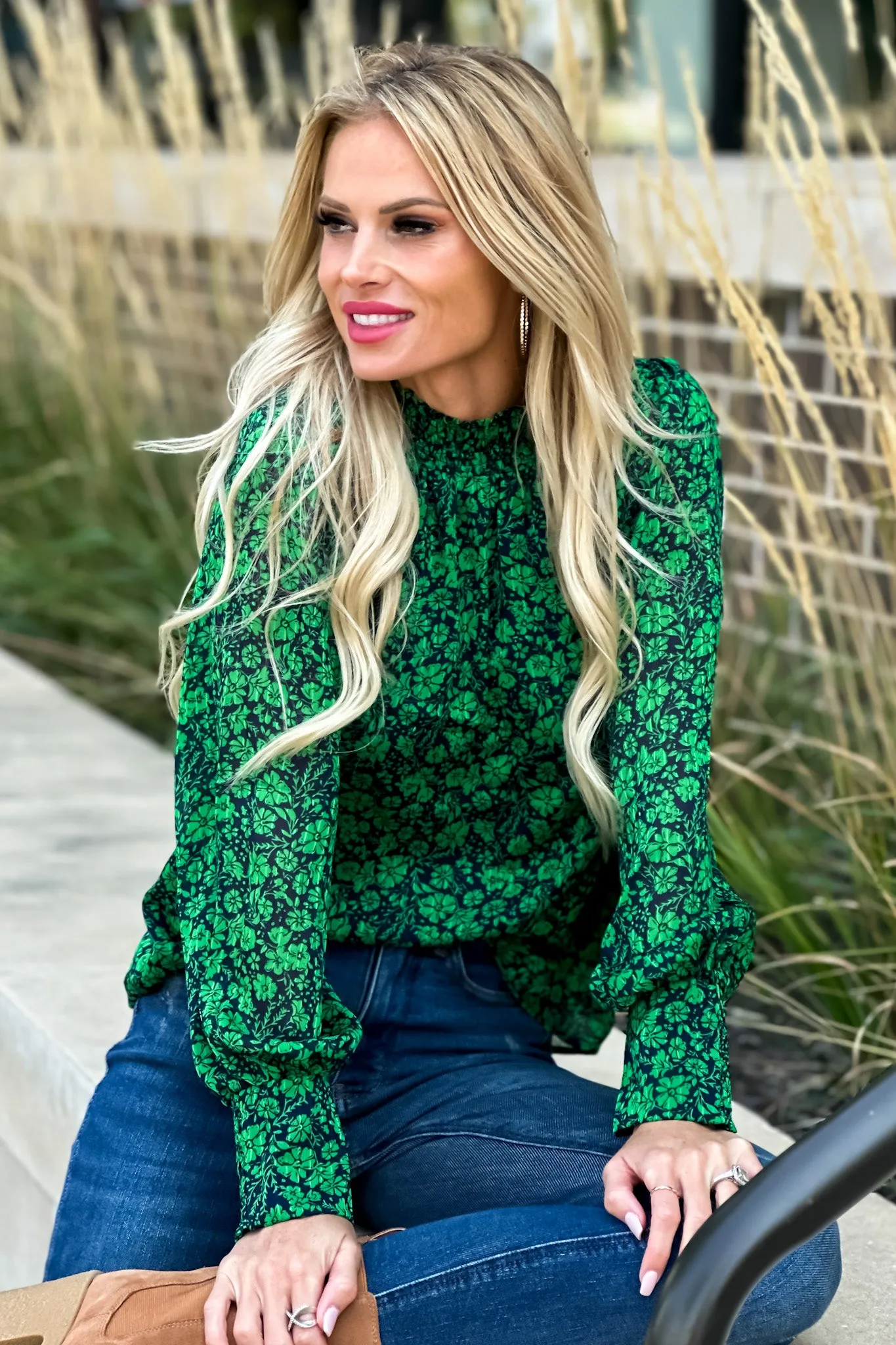 Floral Fun Bubble Sleeve Mock Neck Blouse : Green/Navy