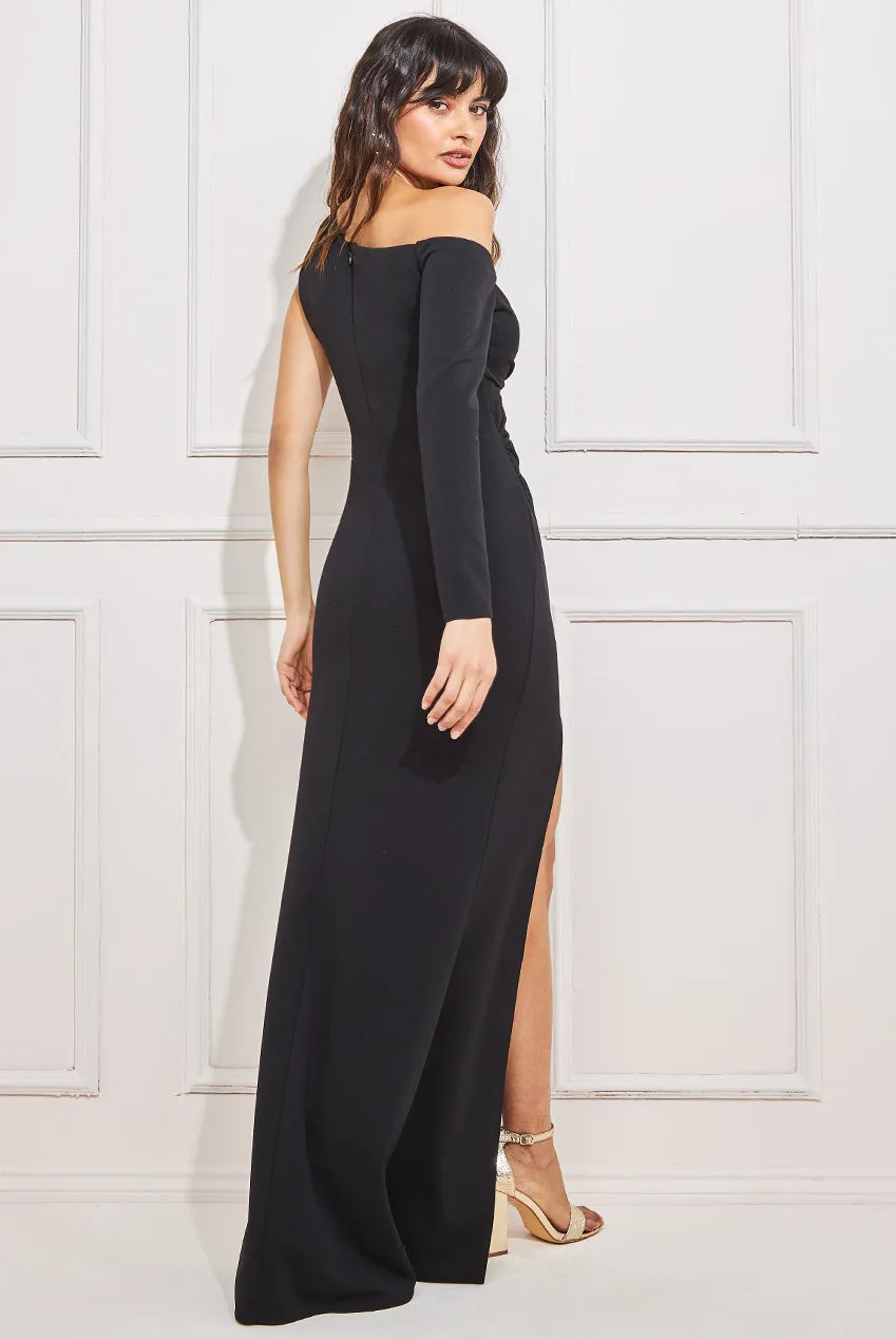 Goddiva One Shoulder Front Split Scuba Maxi Dress