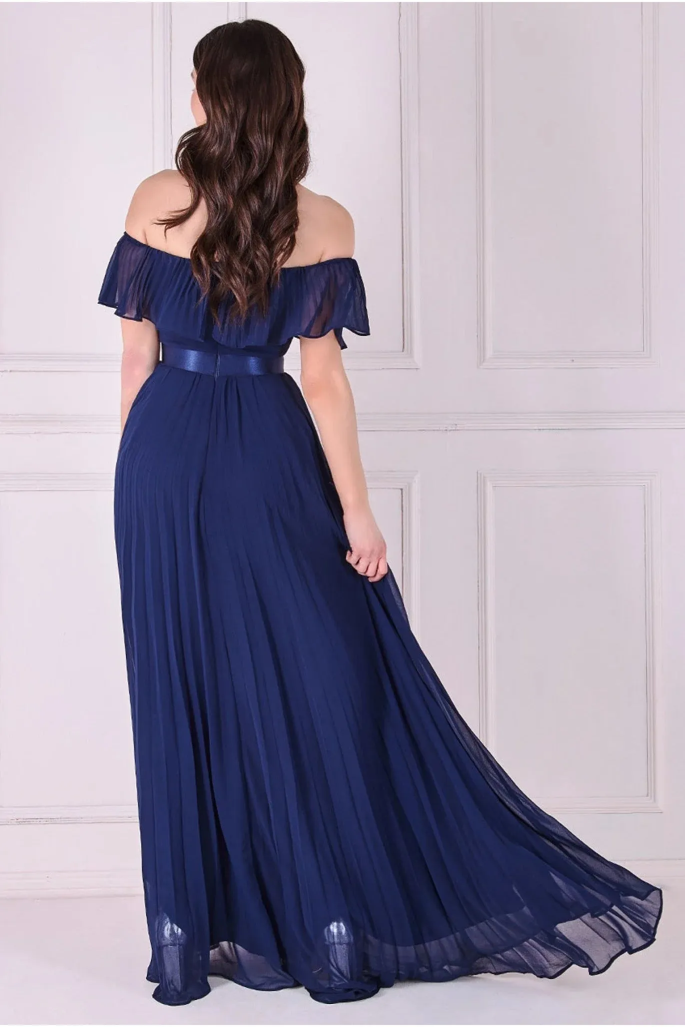 Goddiva Pleated Chiffon Off Shoulder Maxi Dress