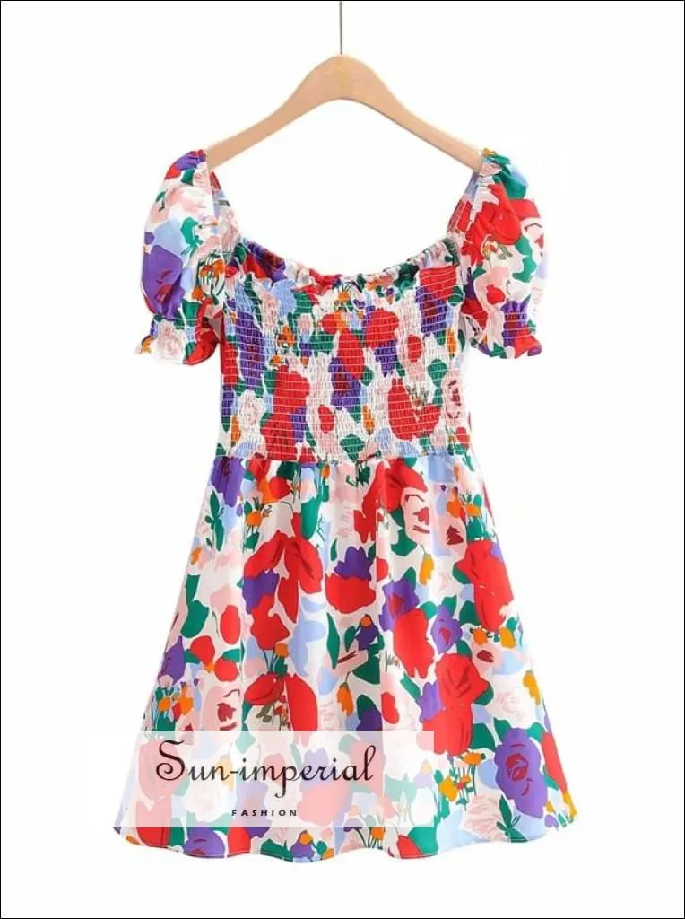 Green - Women Square Neck Floral Print Mini Dress with Puff Sleeve