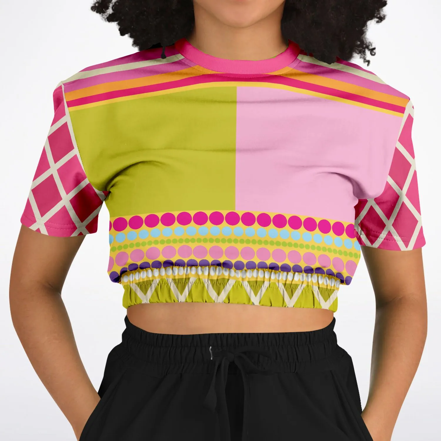 Hello Janis!  Pink Spliced Short Sleeve Cropped Sweater