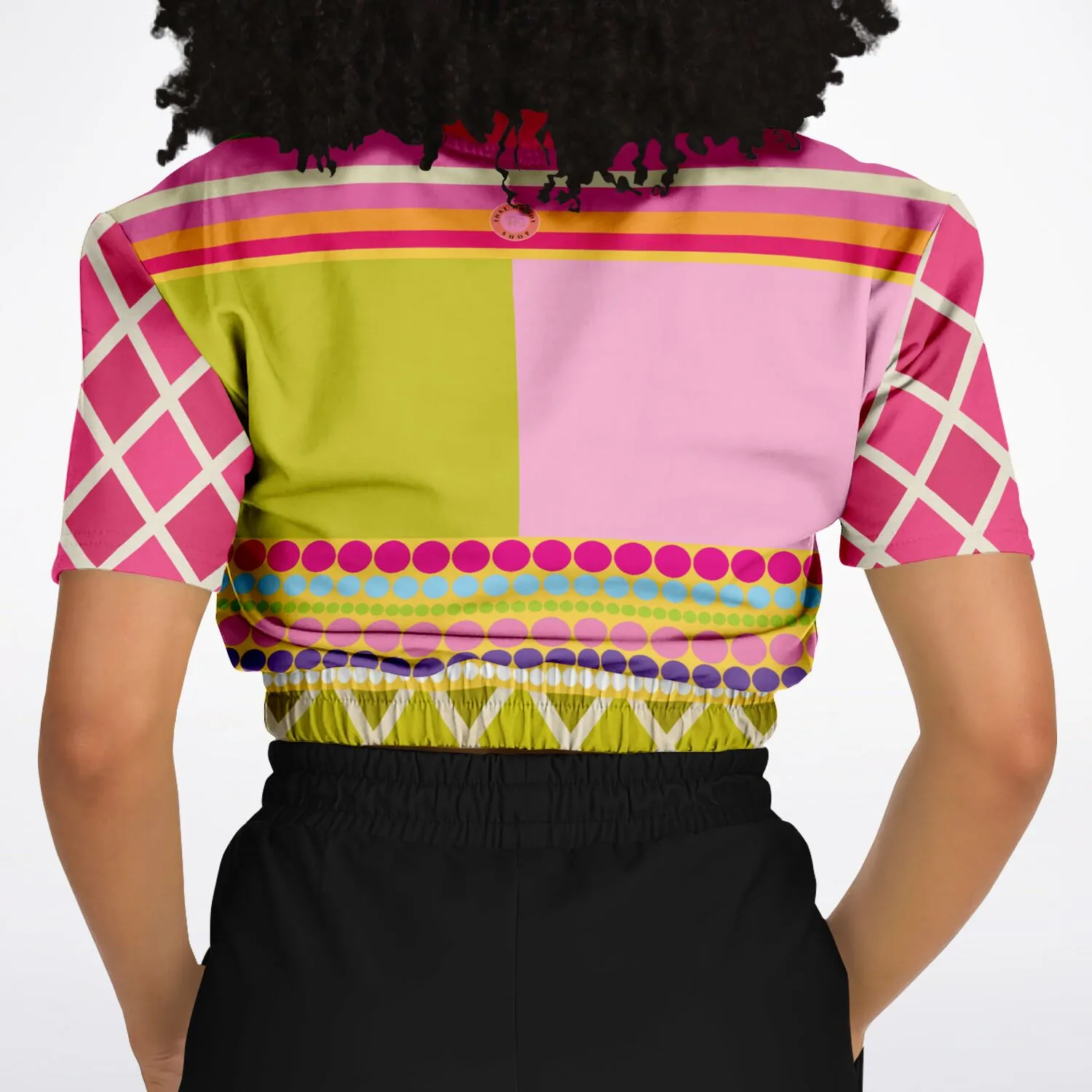 Hello Janis!  Pink Spliced Short Sleeve Cropped Sweater