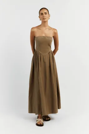 HYLAND COFFEE STRAPLESS MIDI DRESS