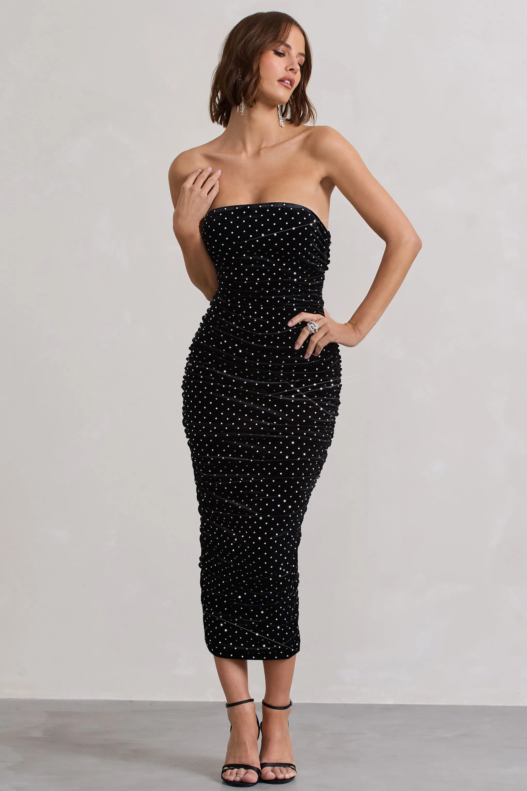 In A Daze | Black Bodycon Embellished Strapless Midi Dress