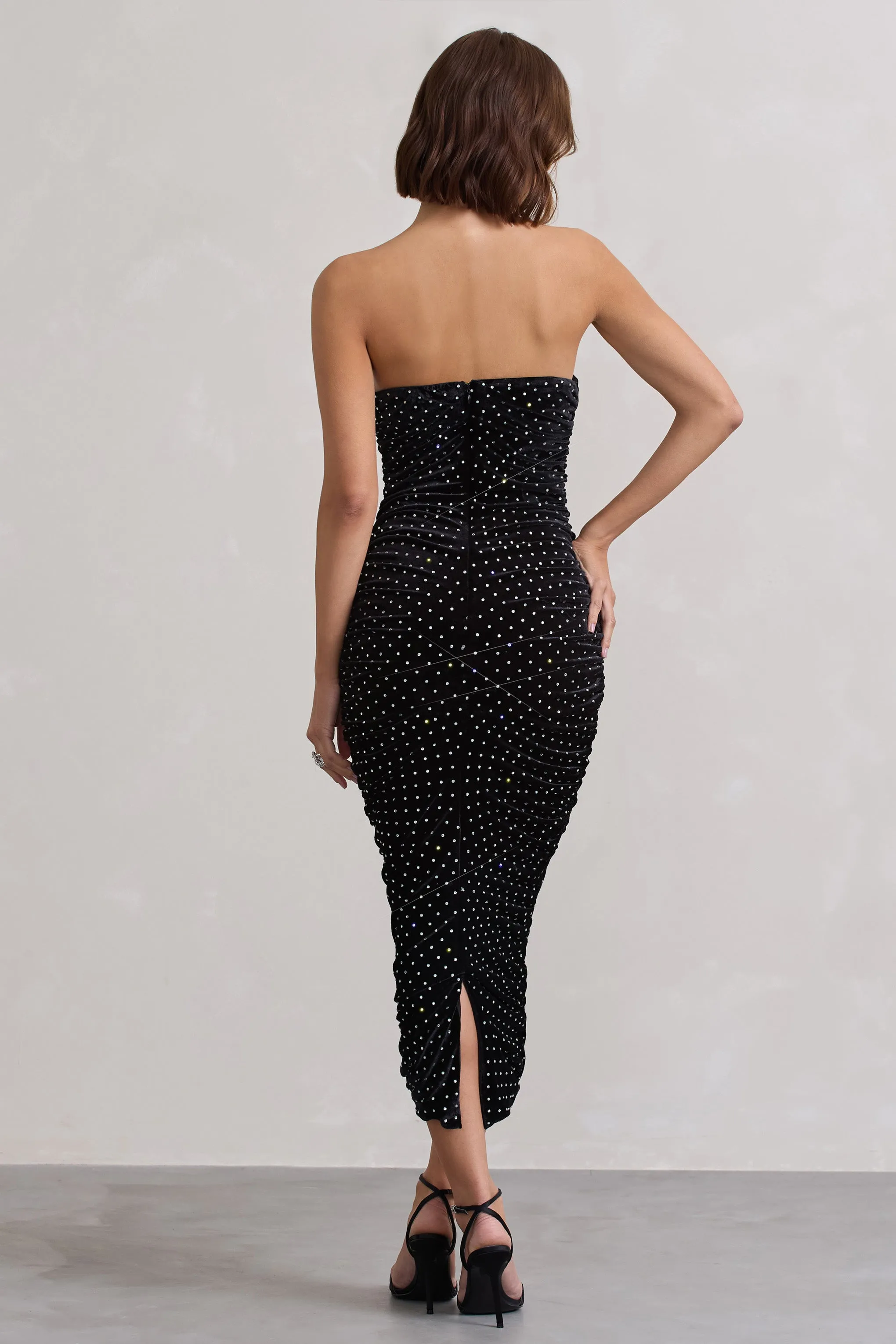 In A Daze | Black Bodycon Embellished Strapless Midi Dress