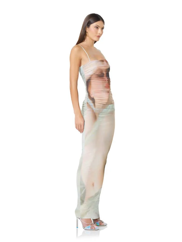 Jennan Ruched Photoprint Mesh Maxi Dress - Nude Portrait