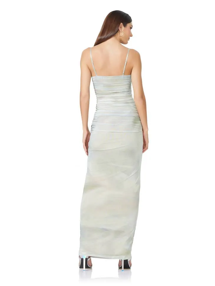 Jennan Ruched Photoprint Mesh Maxi Dress - Nude Portrait