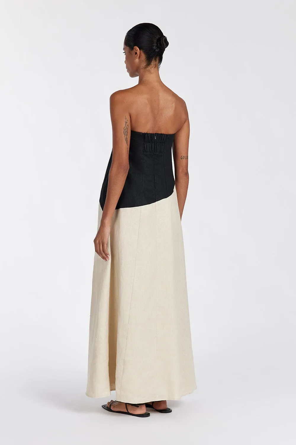 KALANI BLACK STRAPLESS LINEN MIDI DRESS