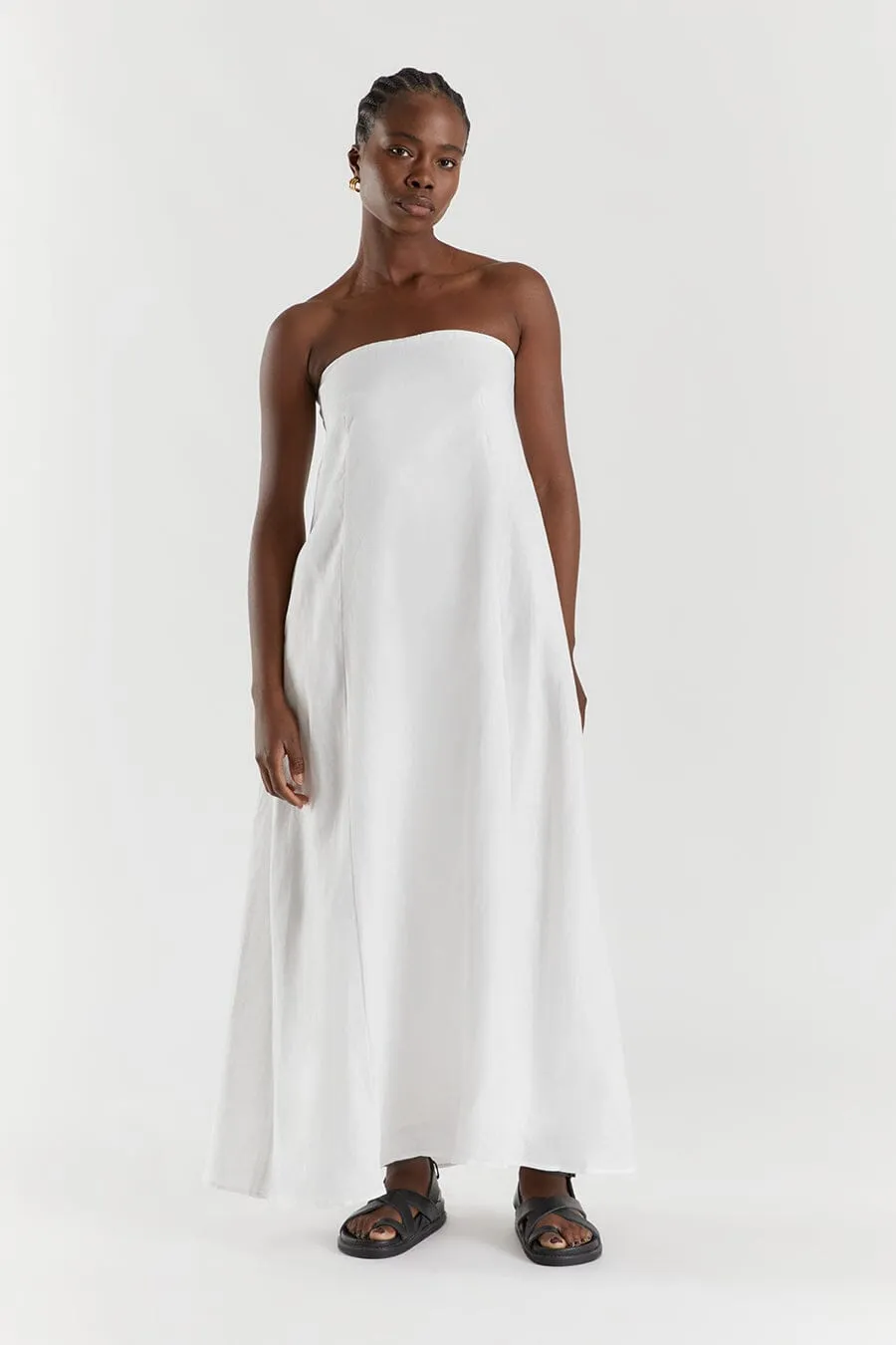 KARNEY WHITE LINEN STRAPLESS DRESS