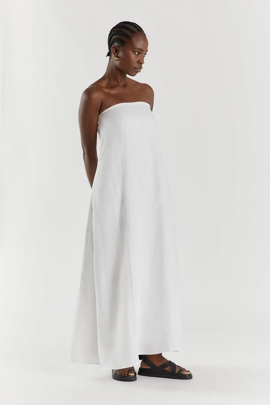 KARNEY WHITE LINEN STRAPLESS DRESS