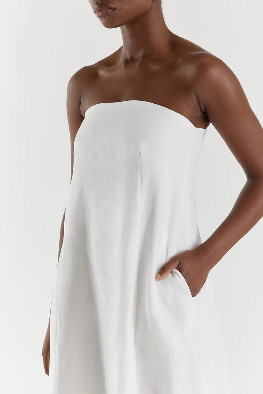 KARNEY WHITE LINEN STRAPLESS DRESS