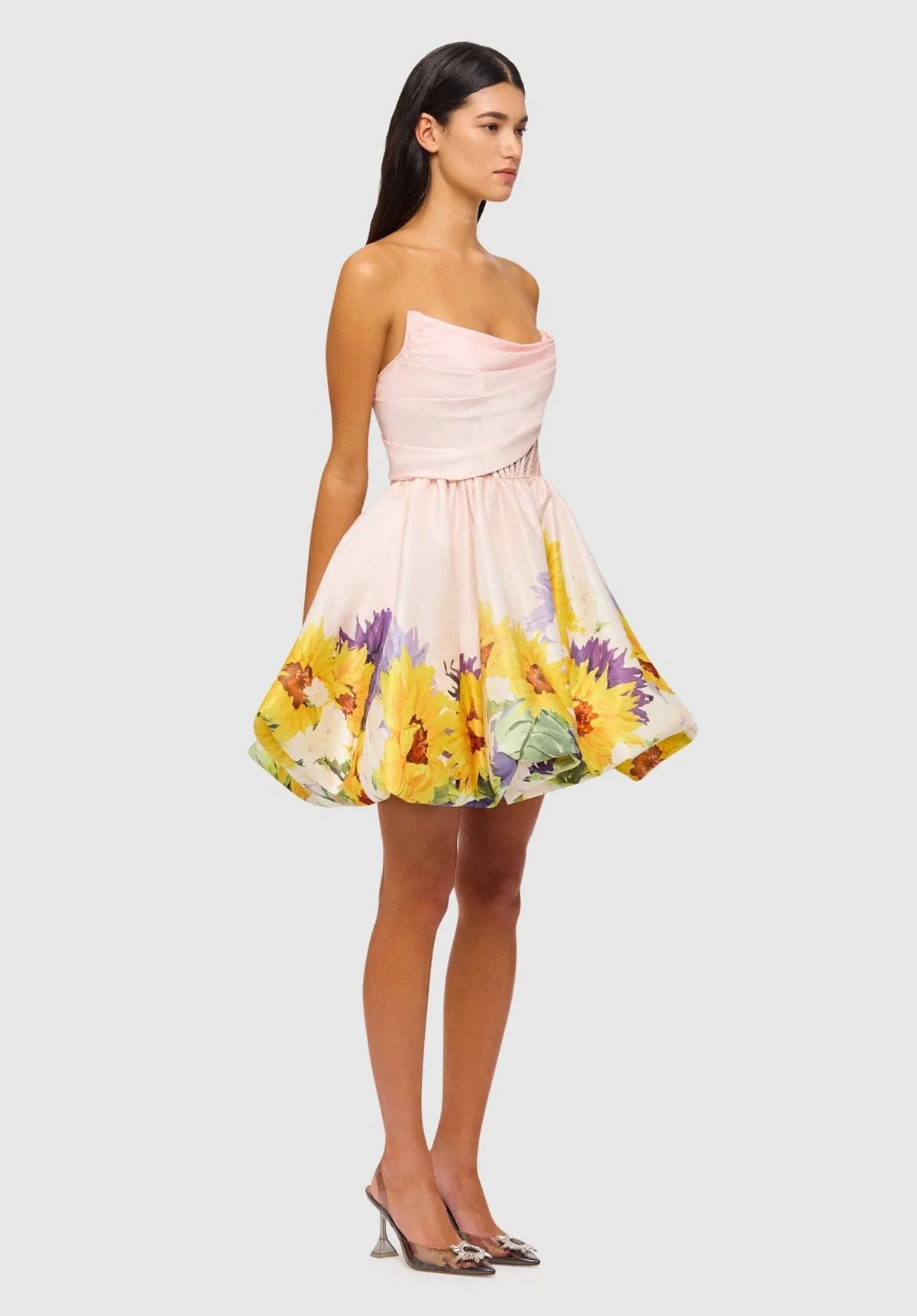 Katy Bustier Mini Dress - Sunflower Print in Pink