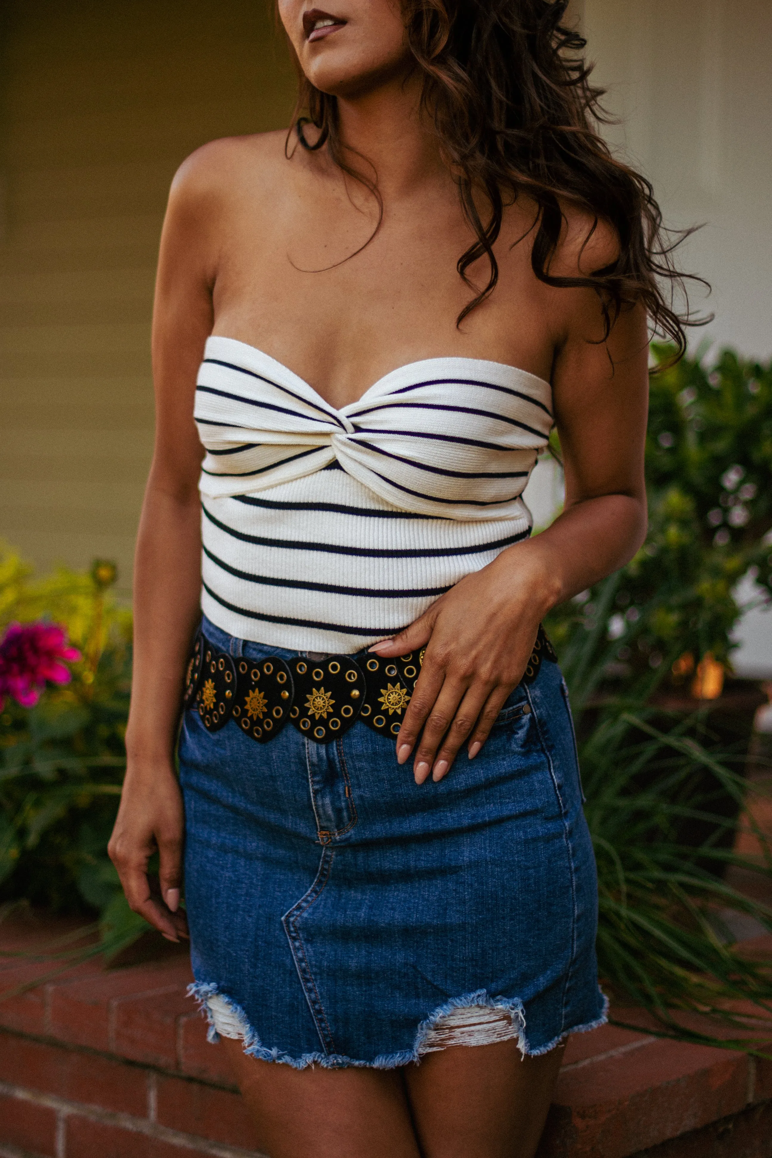 Little Bit Knotty Knot Detail Stripe Crop Top - Black/White