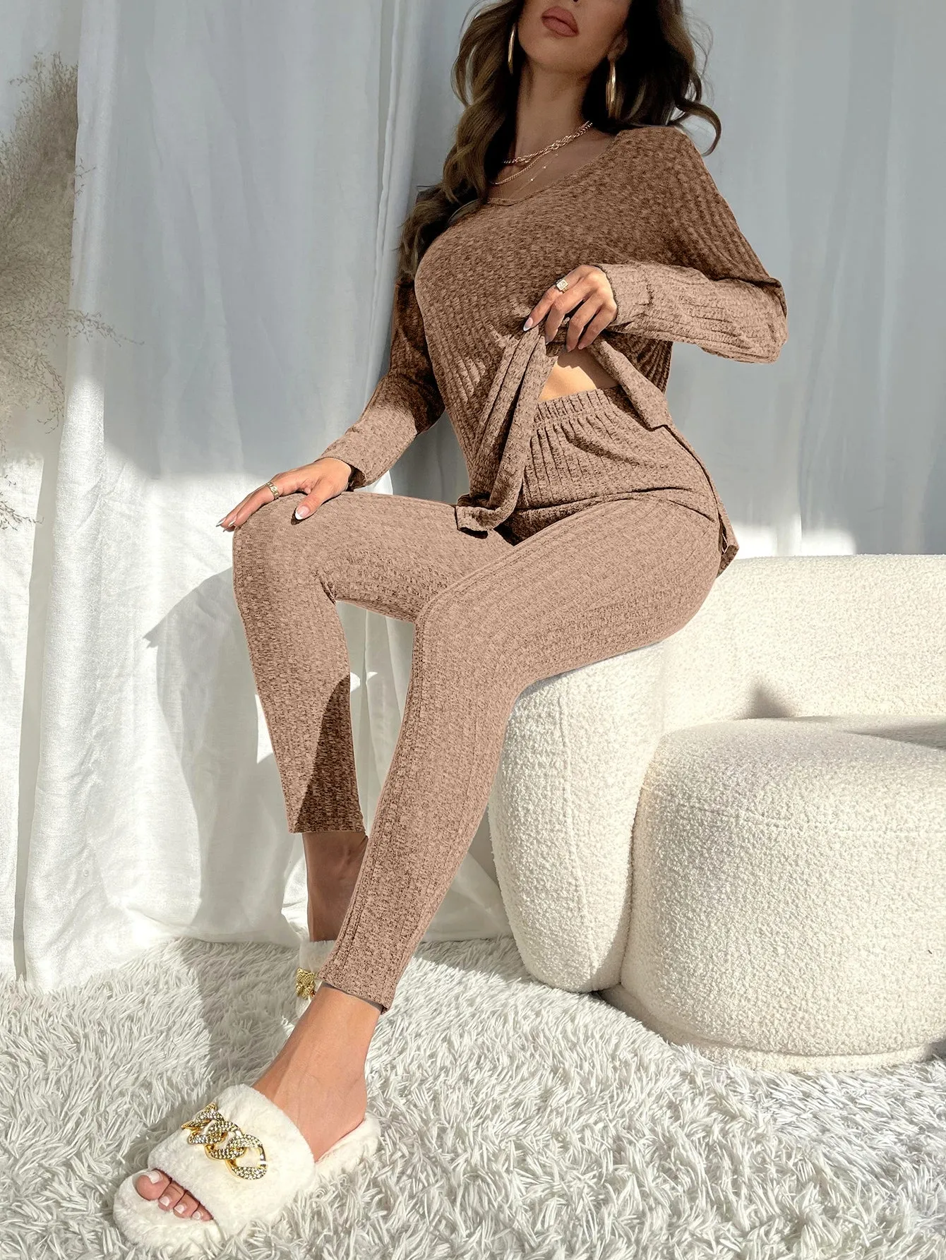 Marled Knit Split Hem Top Leggings Lounge Set