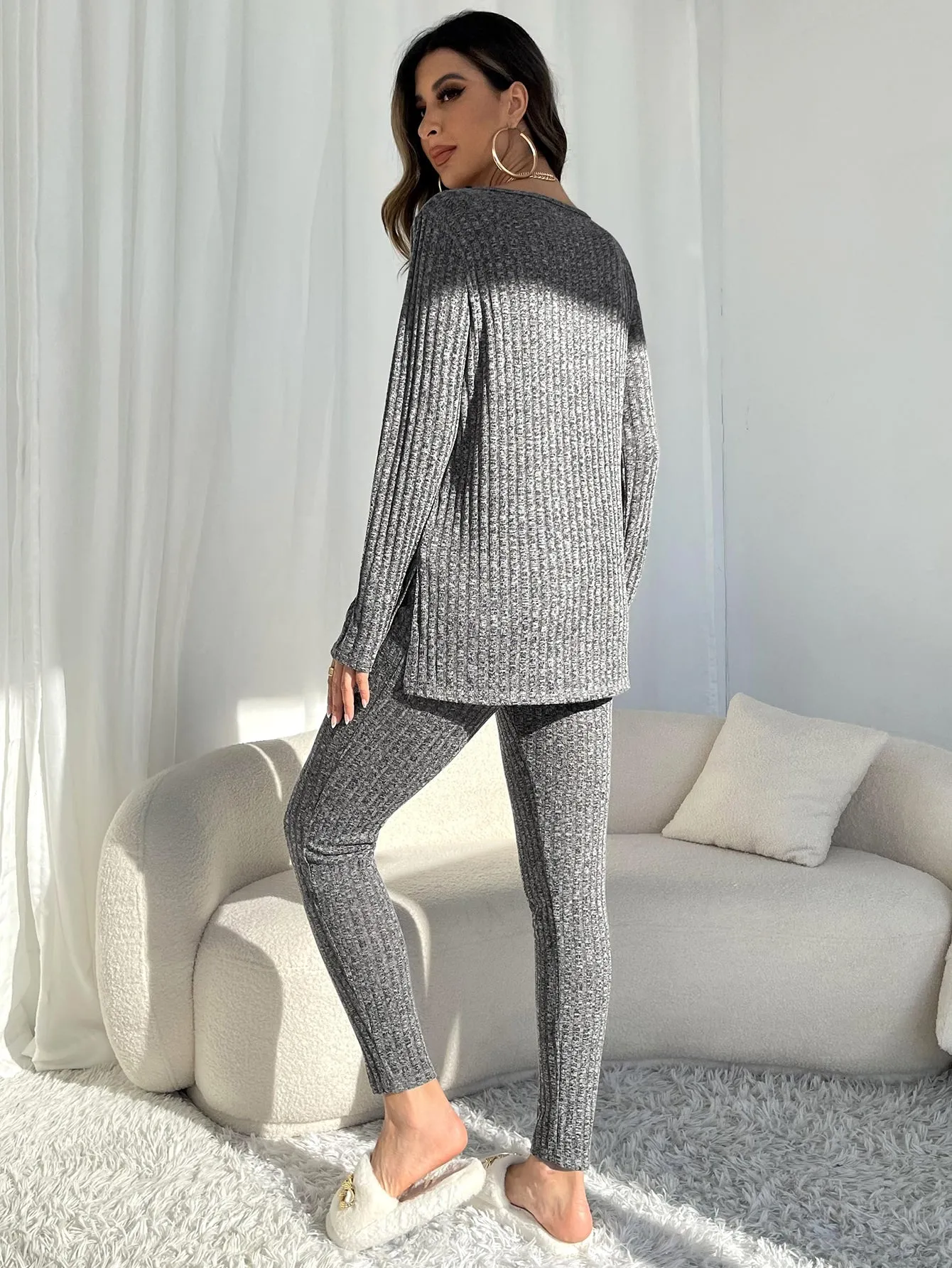 Marled Knit Split Hem Top Leggings Lounge Set