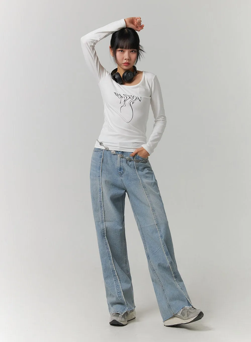 Mid Waist Wide Leg Denim Stitching Jeans CJ419