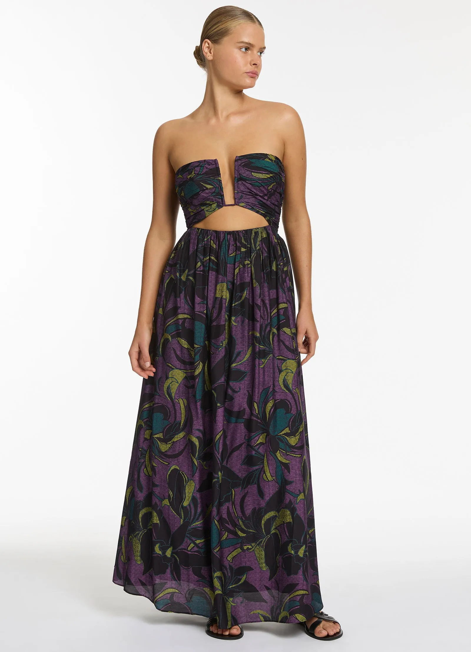 Midnight Tropical Cut Out Strapless Dress - Amethyst