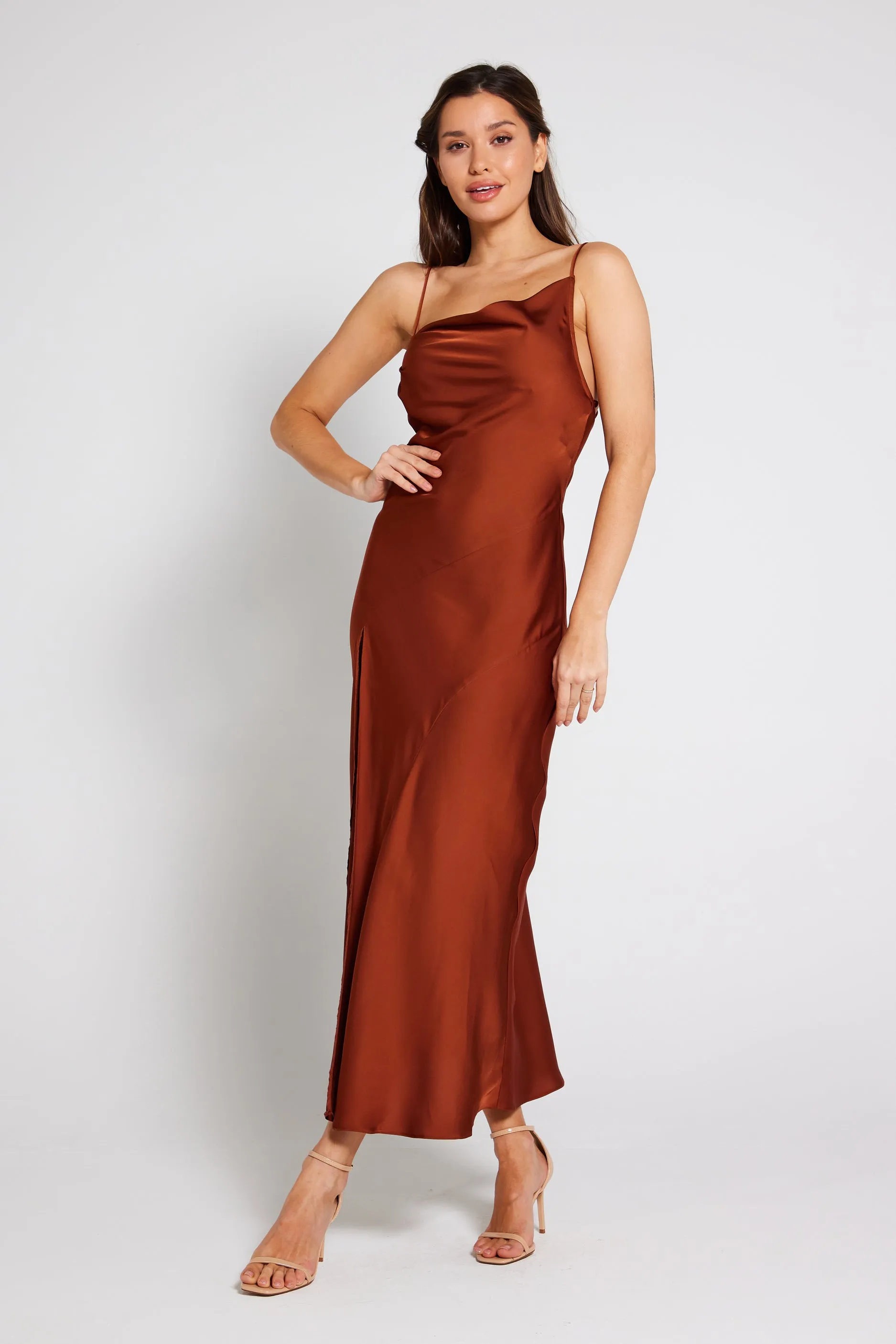 Mila Asymmetric Cowl Neck Satin Slip Dress - Rust