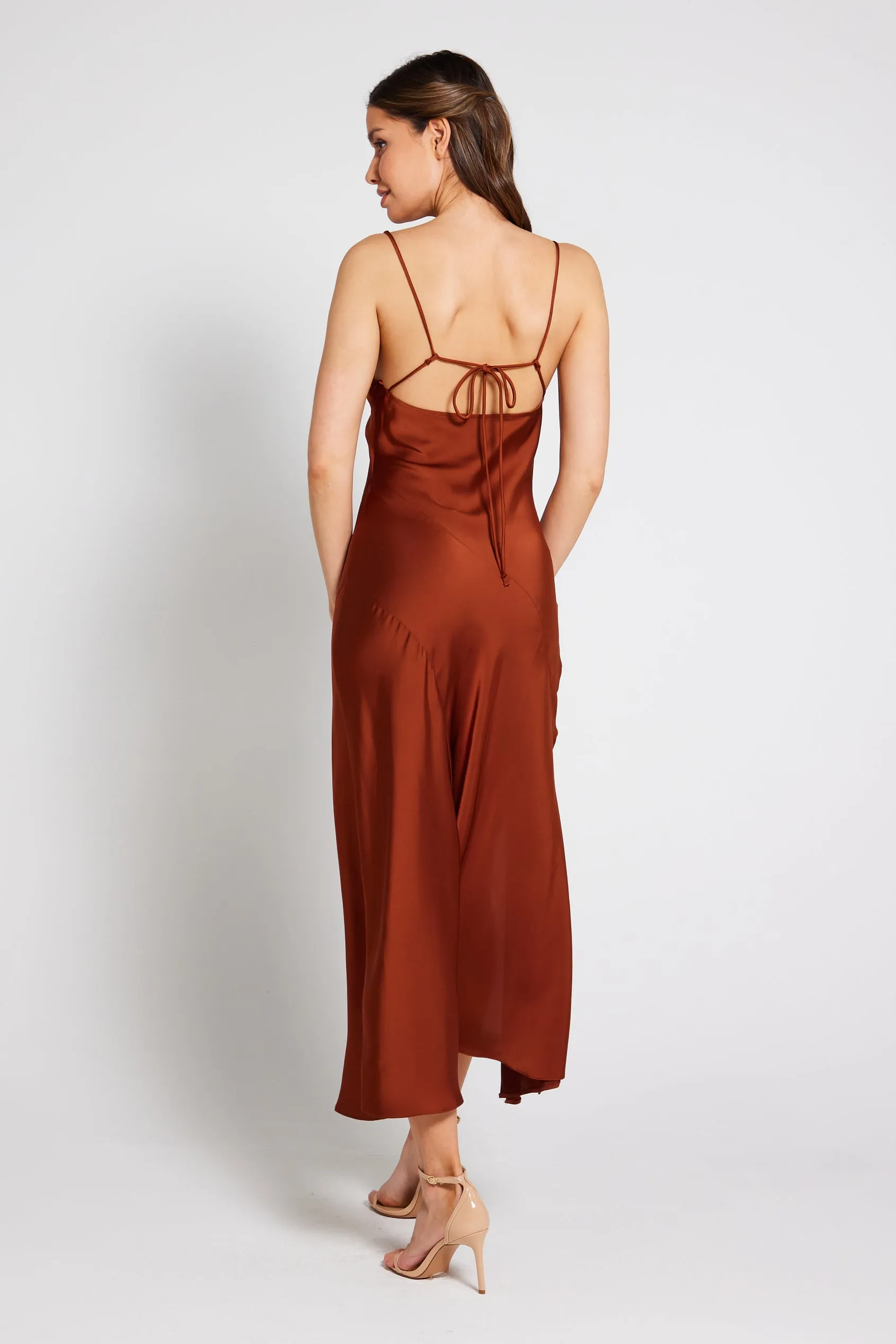 Mila Asymmetric Cowl Neck Satin Slip Dress - Rust