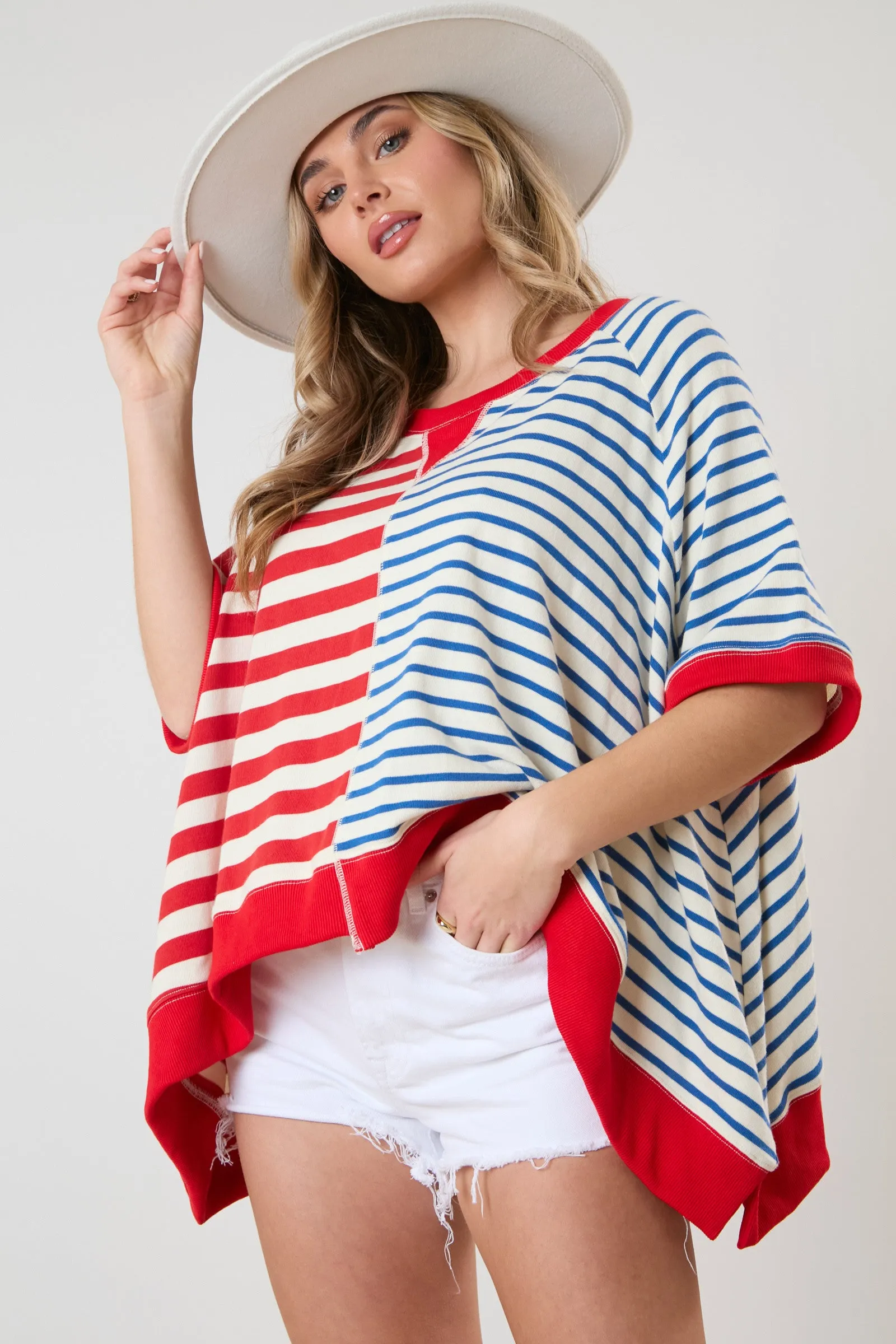 Mixed Multi Stripe Short Sleeve Oversized Sweatshirt