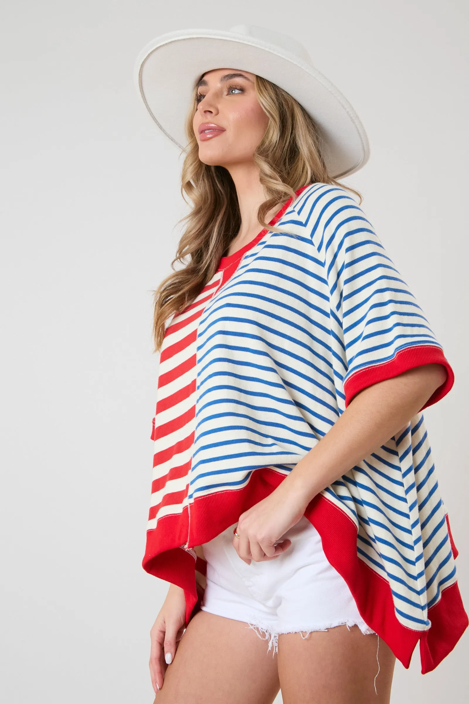 Mixed Multi Stripe Short Sleeve Oversized Sweatshirt