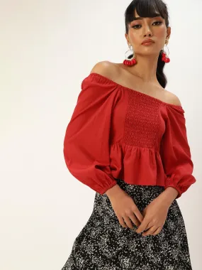 Off-Shoulder Puff Sleeve Smocked Crepe A-Line Crop Top