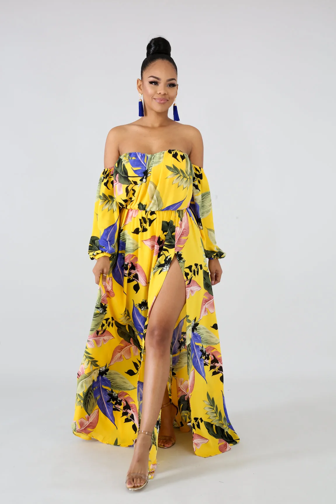 Off The Shoulder Side Slit Floral Maxi Dress