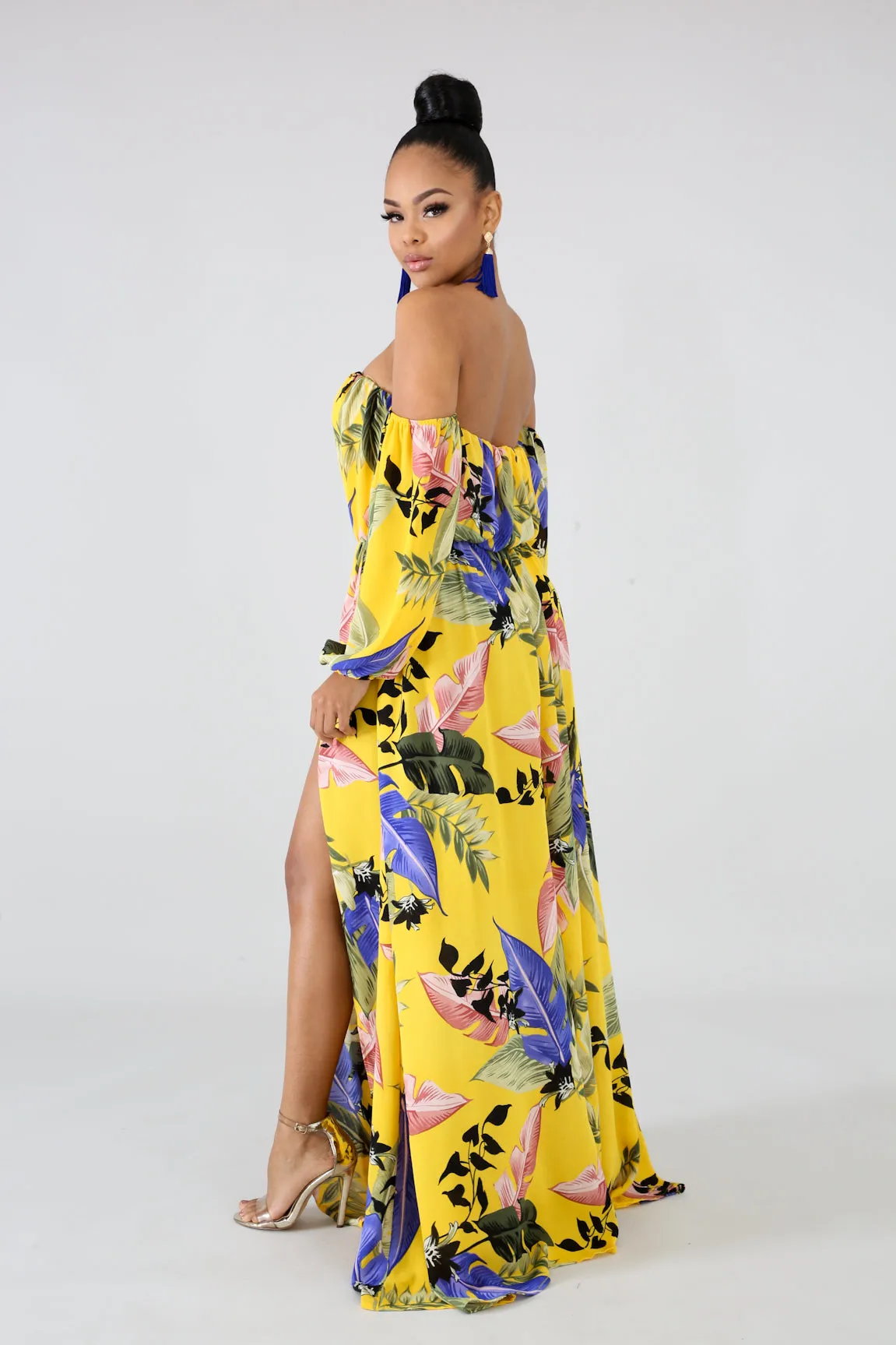 Off The Shoulder Side Slit Floral Maxi Dress