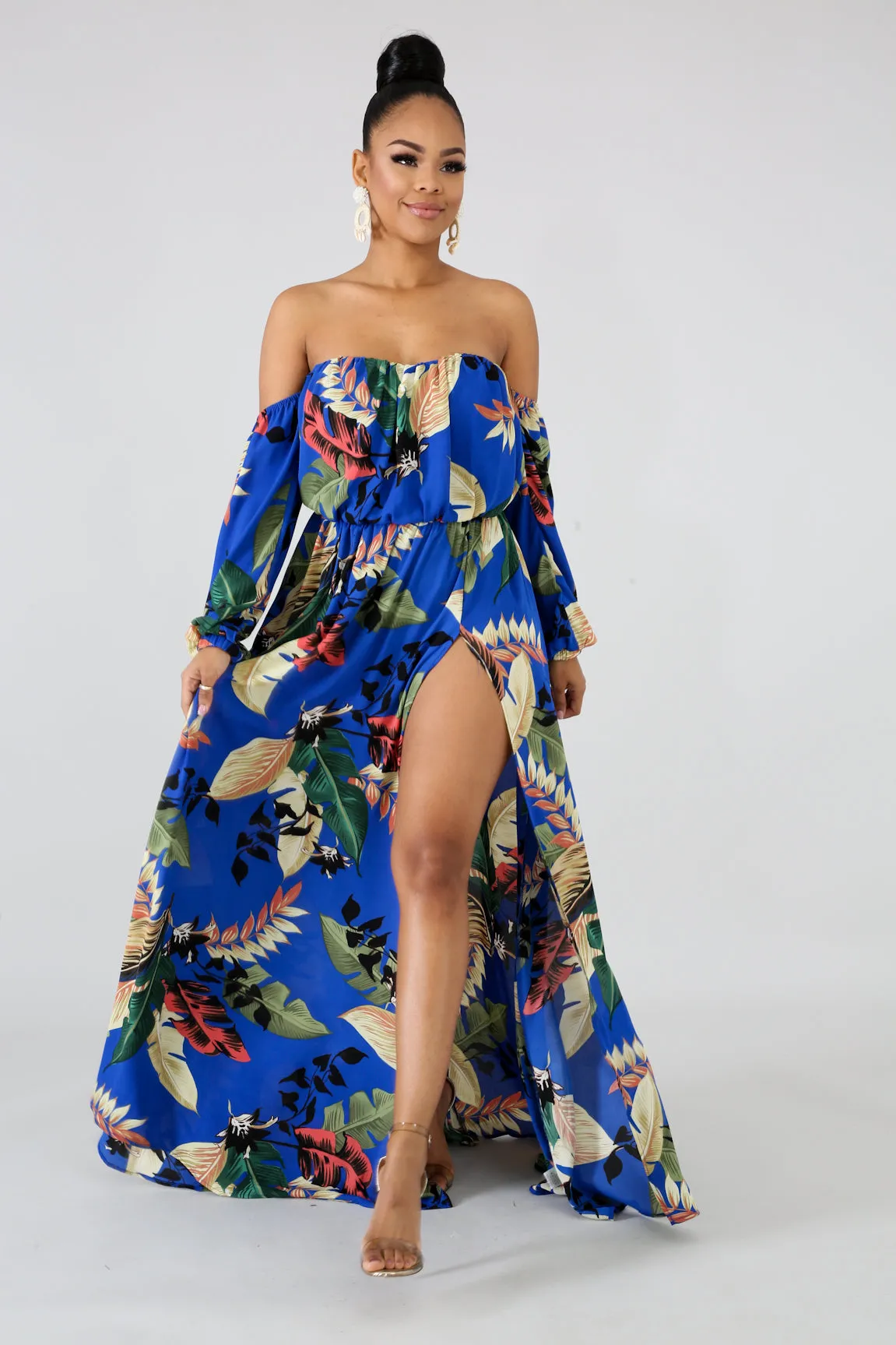 Off The Shoulder Side Slit Floral Maxi Dress