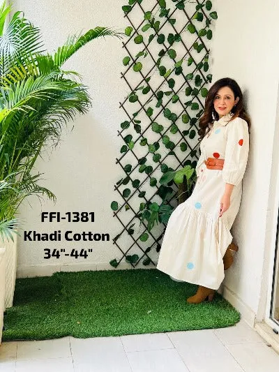 Off White Khadi Cotton Handblock Print 1pc Dress