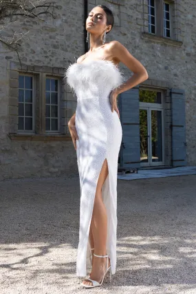 Old Money | White Bodycon Sequin Maxi Dress With Feather Trim