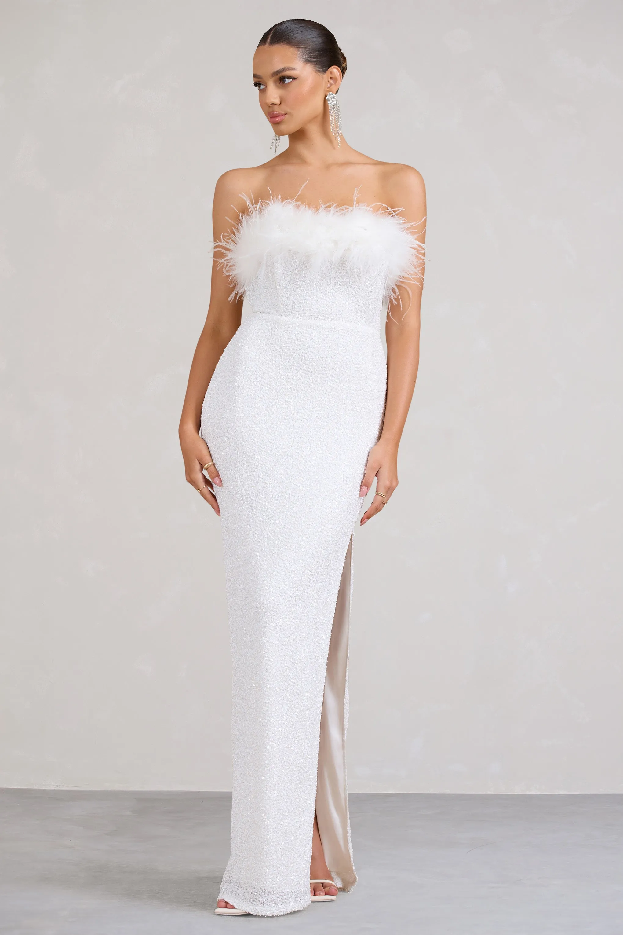 Old Money | White Bodycon Sequin Maxi Dress With Feather Trim