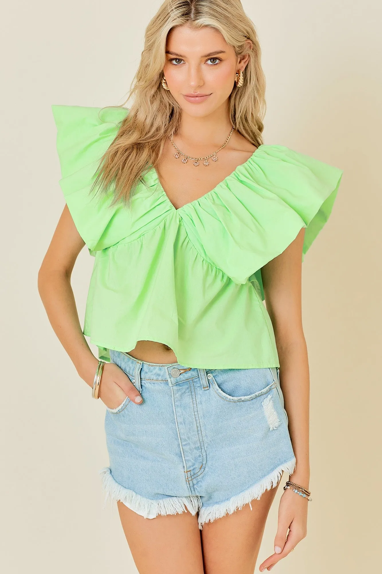 Open V-Neck Ruffle Sleeve Poplin Top