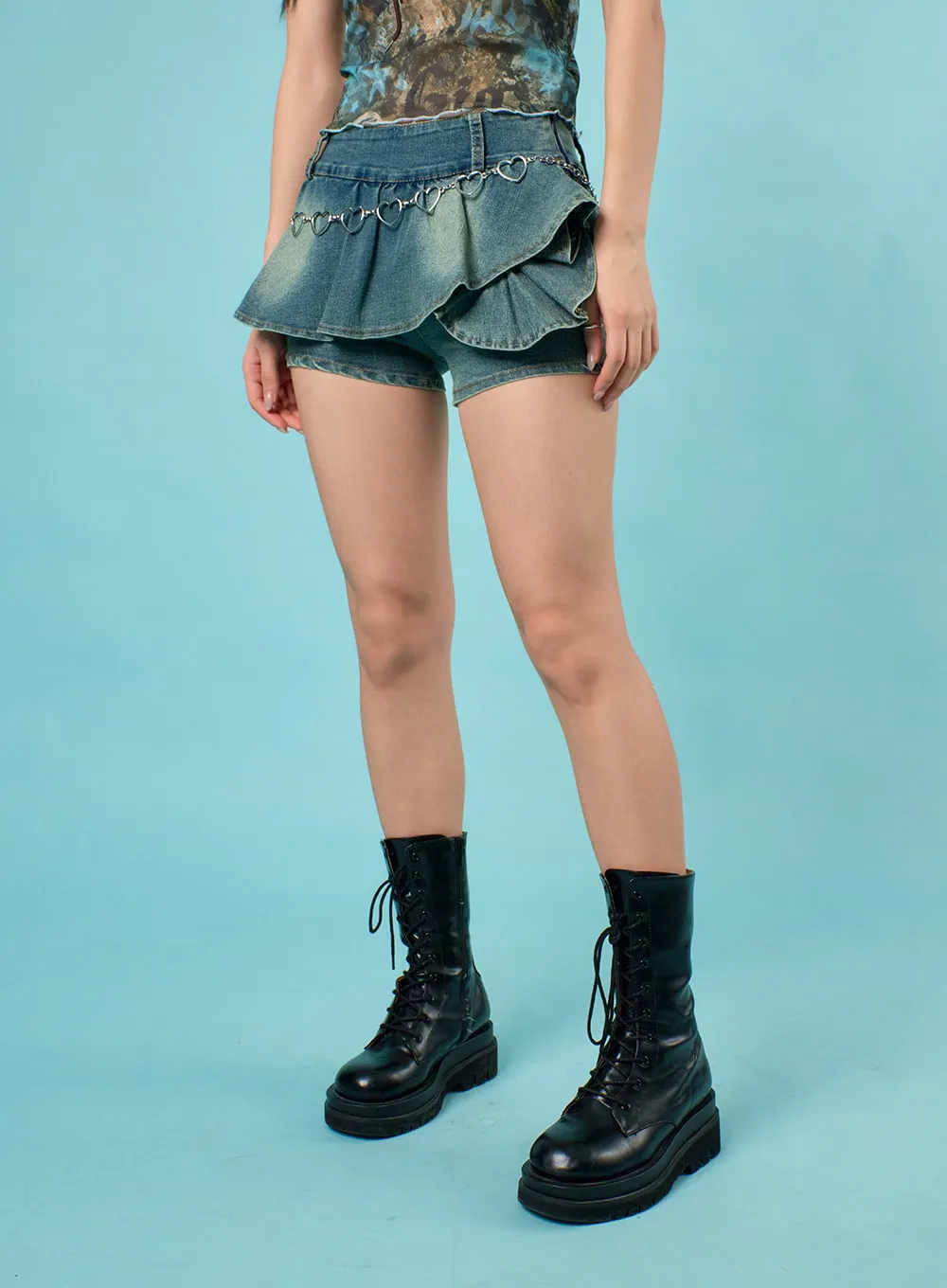 Pleated Denim Mini Skort IJ430