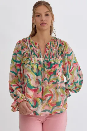 Printed V-Neck Long Sleeve Self Tie Top