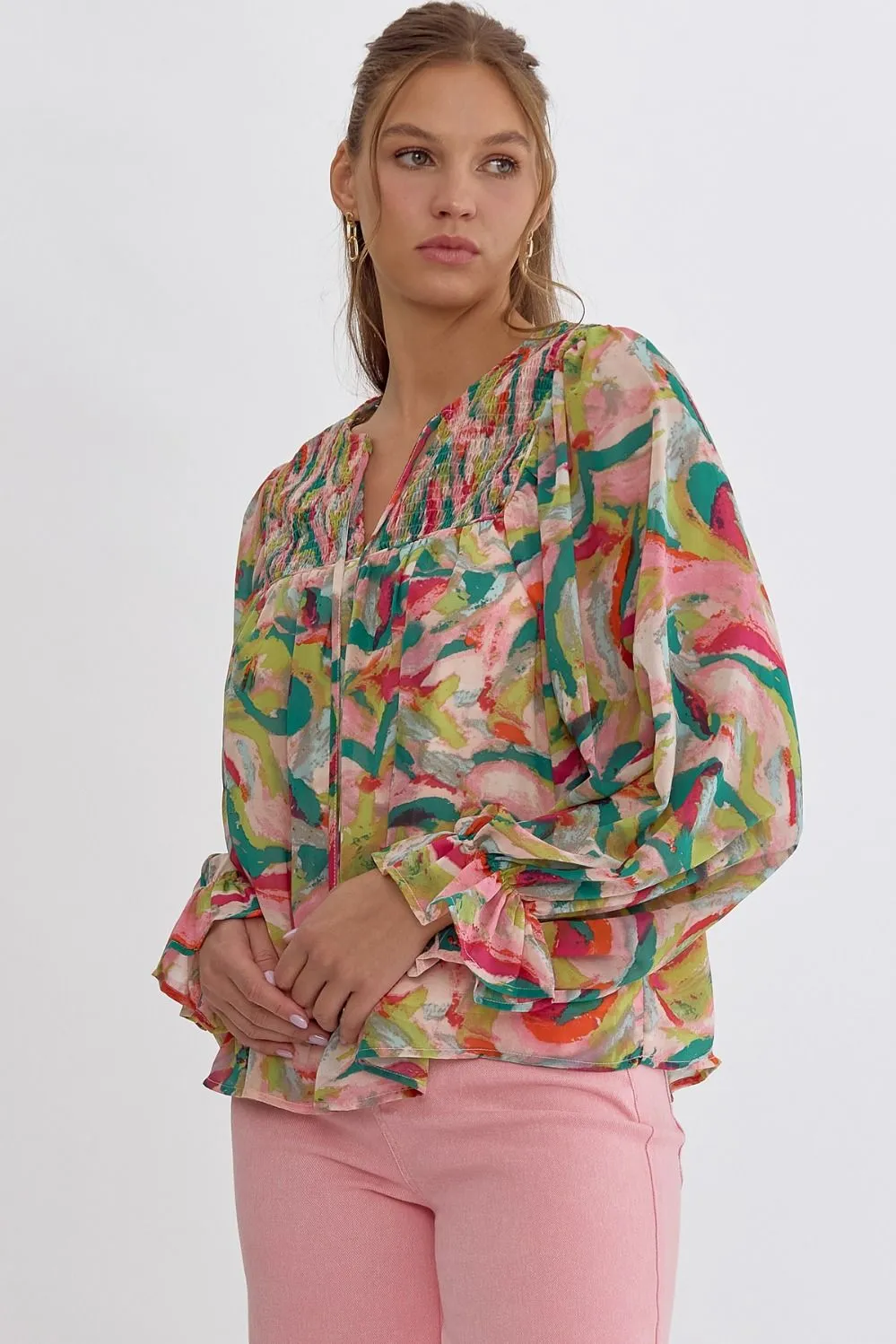 Printed V-Neck Long Sleeve Self Tie Top